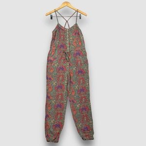 Free People Womens XS Green Floral Boho Drawstring Waist Boho Jogger Jumpsuits